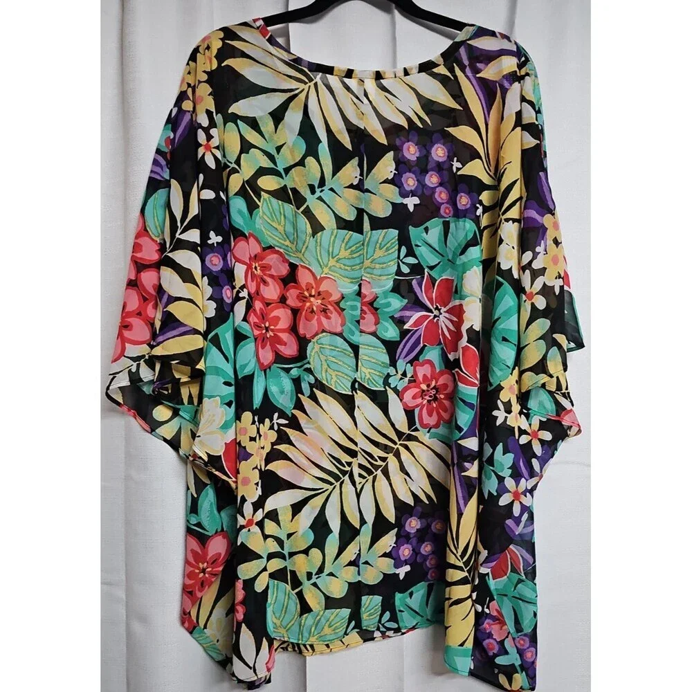 Blair Womans Plus Size 3XL Sheer Top Tropical Floral Swim Cover Up
